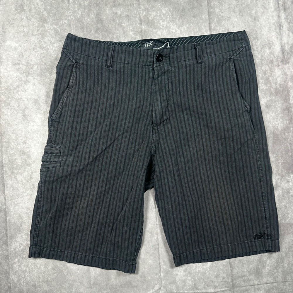 Fox Racing Mens Black Pinstripe Embroidered Logo Casual Chino Shorts Size 34 Y2K